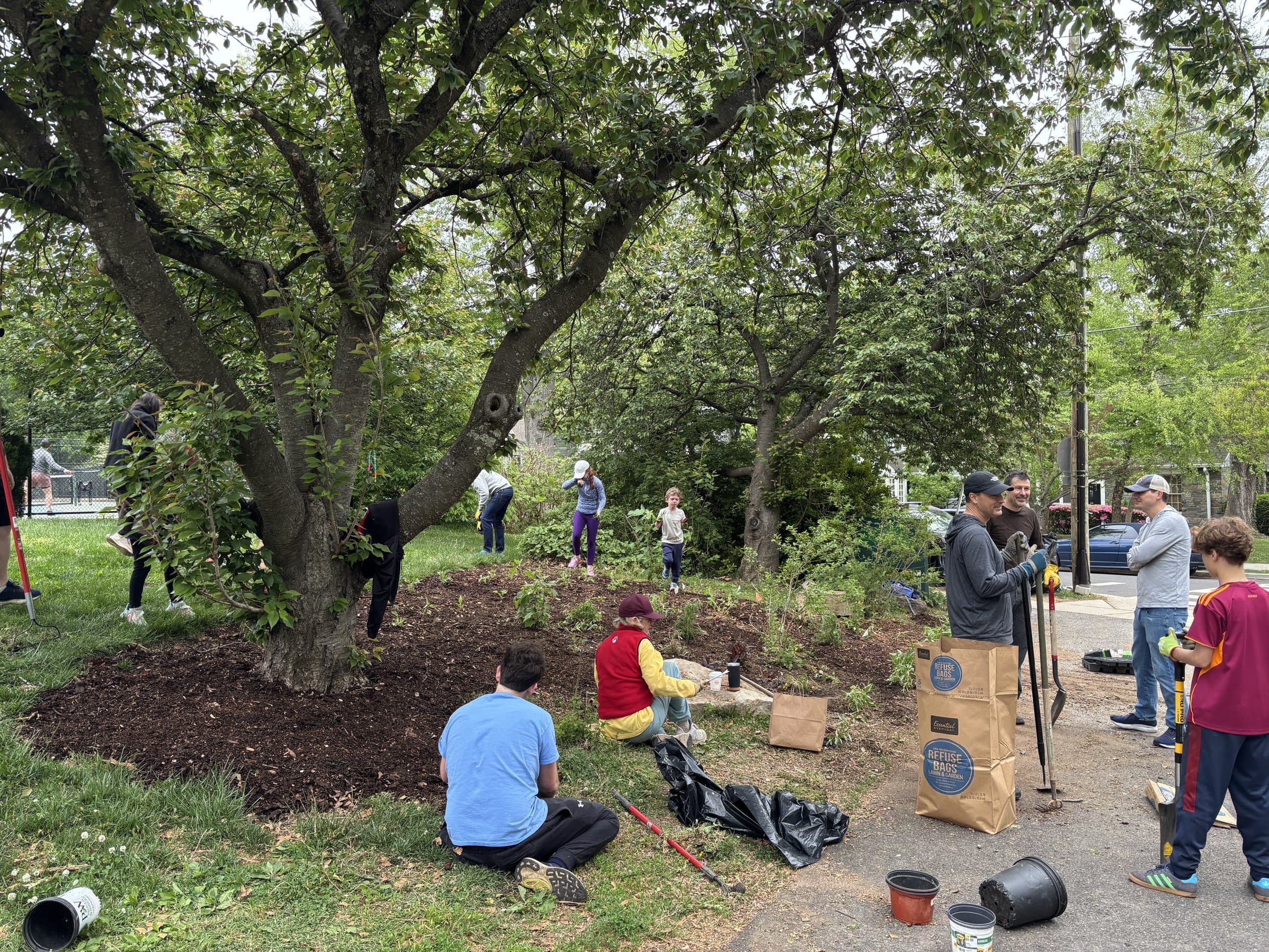 Neighbors gathered for a cleanup workday under cherry trees